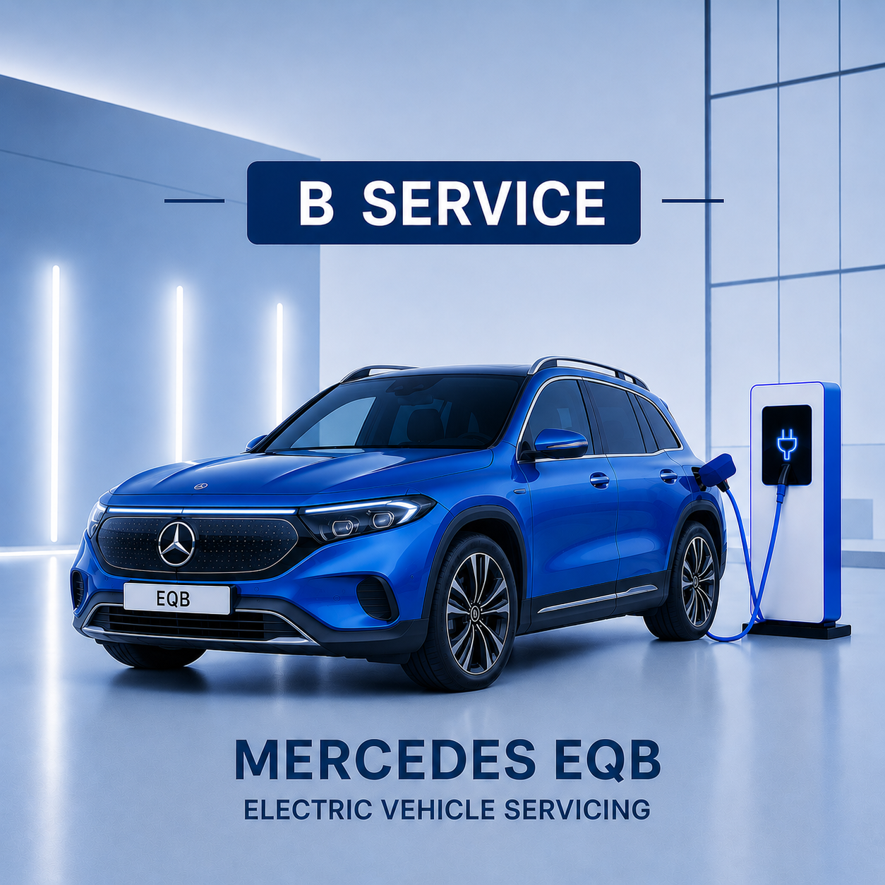 Blue Mercedes EQB electric vehicle being serviced at a charging station with 'B Service' text above.