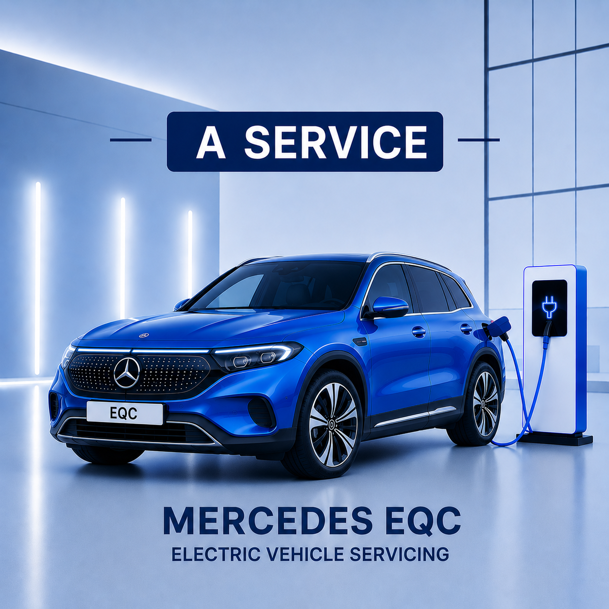 Blue Mercedes EQC electric vehicle being serviced at a charging station with 'A Service' text above.