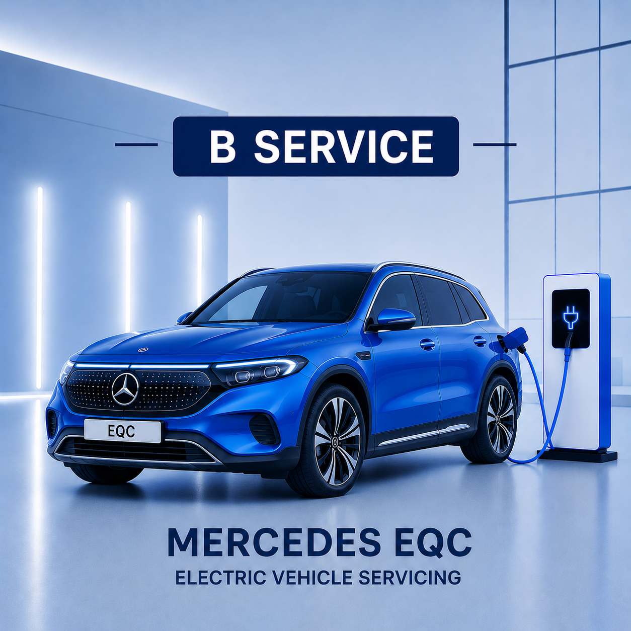 Blue Mercedes EQC electric vehicle being serviced at a charging station with 'B Service' text above.