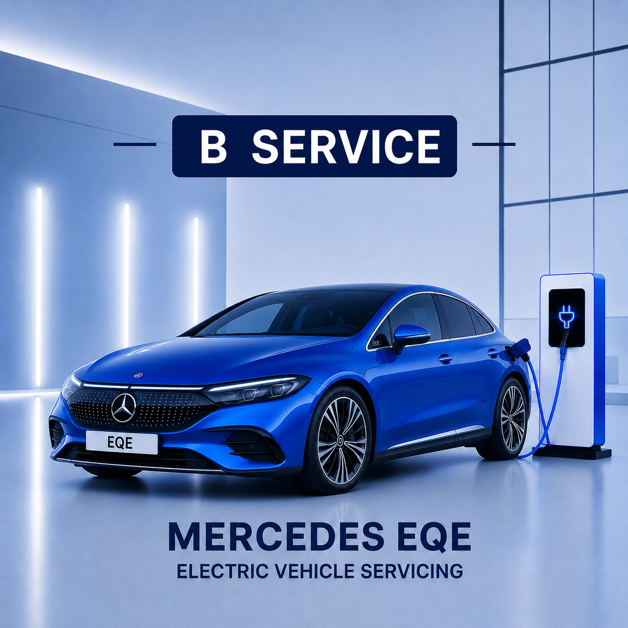 Blue Mercedes EQE saloon electric vehicle being serviced at a charging station with 'B Service' text above.