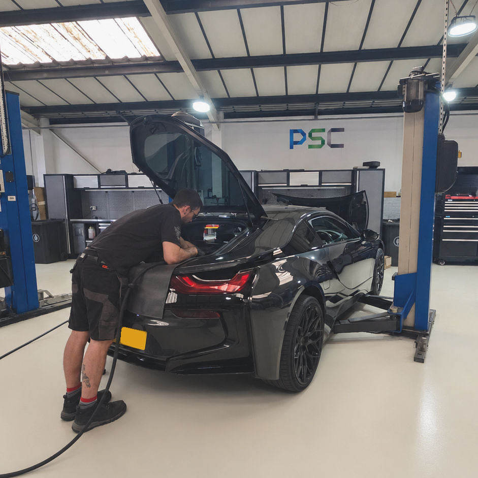 BMW i8 undergoing maintenance at a PSC Autocentre independent BMW vehicle specialist workshop in Cheltenham