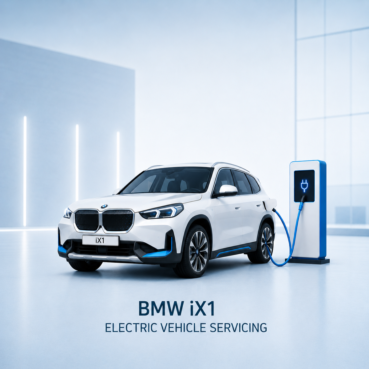 White BMW iX1 connected to a high-voltage charger inside an automotive workshop during servicing.