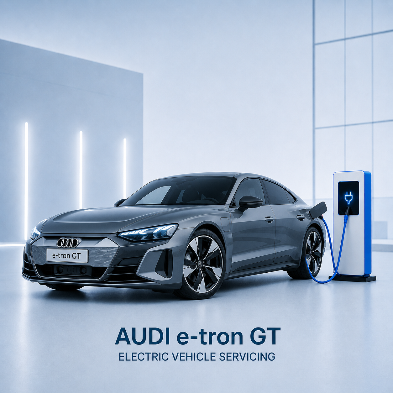 Grey Audi e-tron GT connected to a high-voltage charger during servicing.