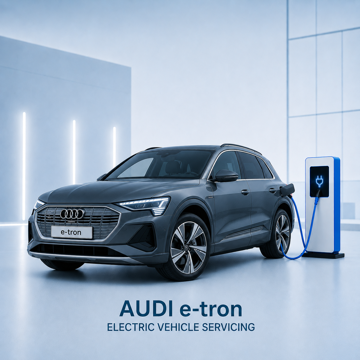 Grey Audi e-tron SUV connected to a high-voltage charger during servicing.