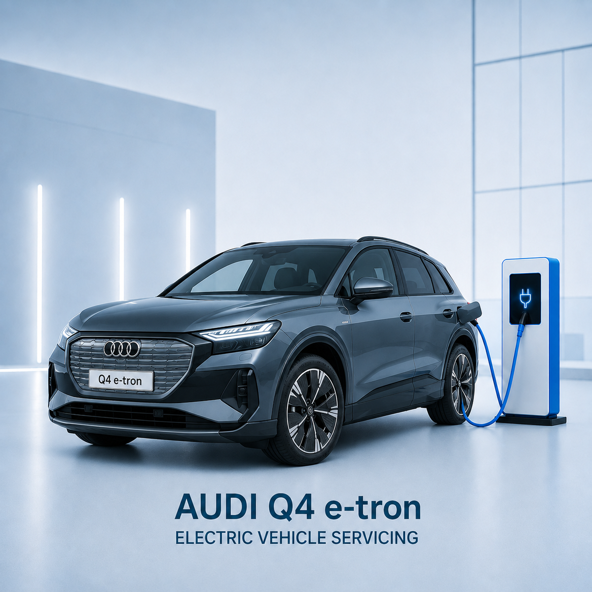 Grey Audi Q4 e-tron connected to a high-voltage charger during servicing.