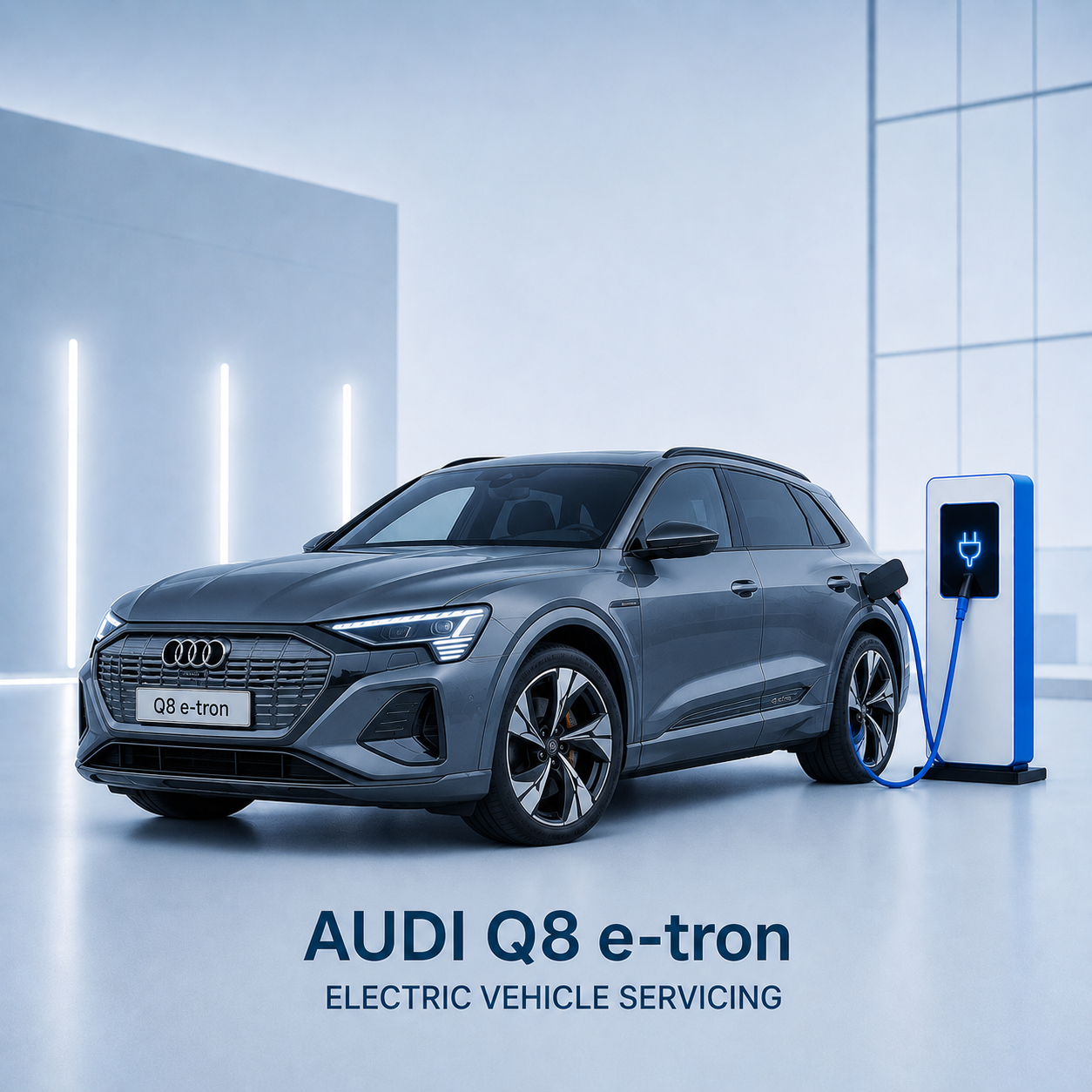 Grey Audi Q8 e-tron connected to a high-voltage charger during servicing.