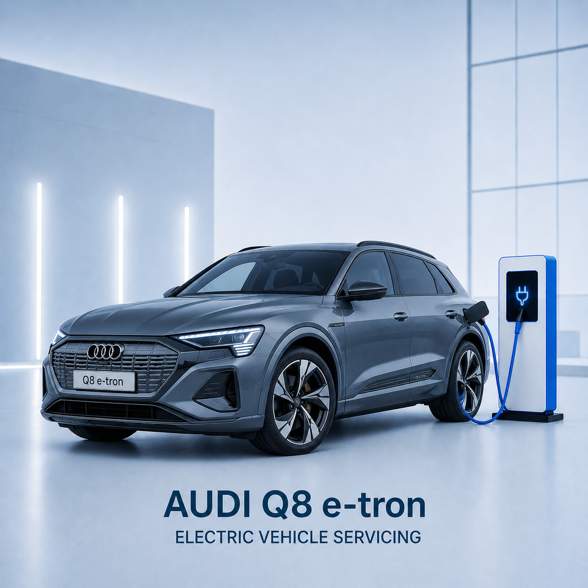 Grey Audi Q8 e-tron connected to a high-voltage charger during servicing.
