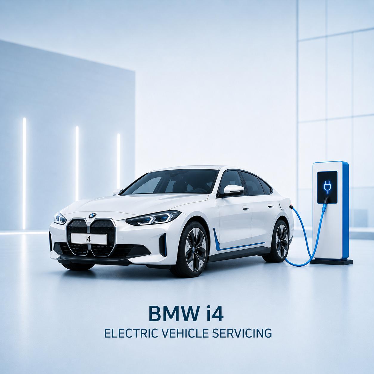 White BMW i4 connected to a high-voltage charger during servicing.