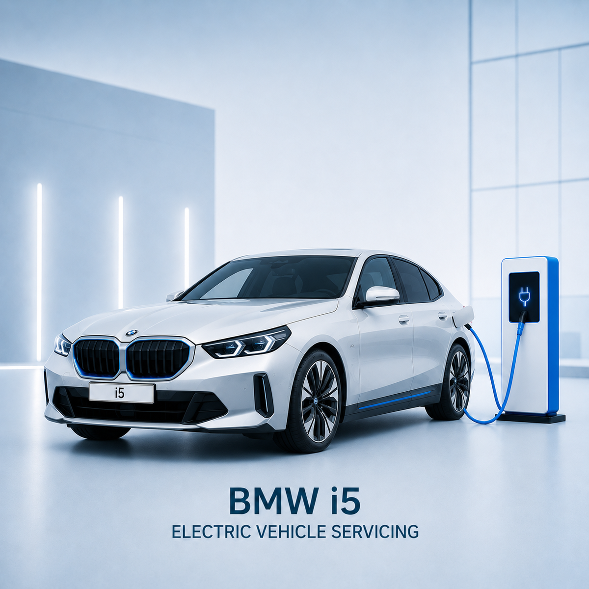 White BMW i5 connected to a high-voltage charger during servicing.