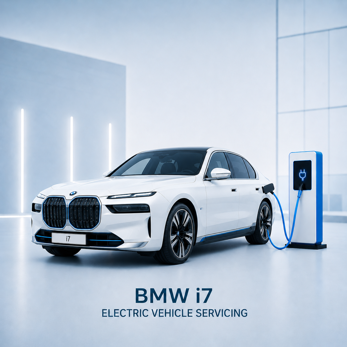 White BMW i7 (G70) connected to a high-voltage charger during servicing.