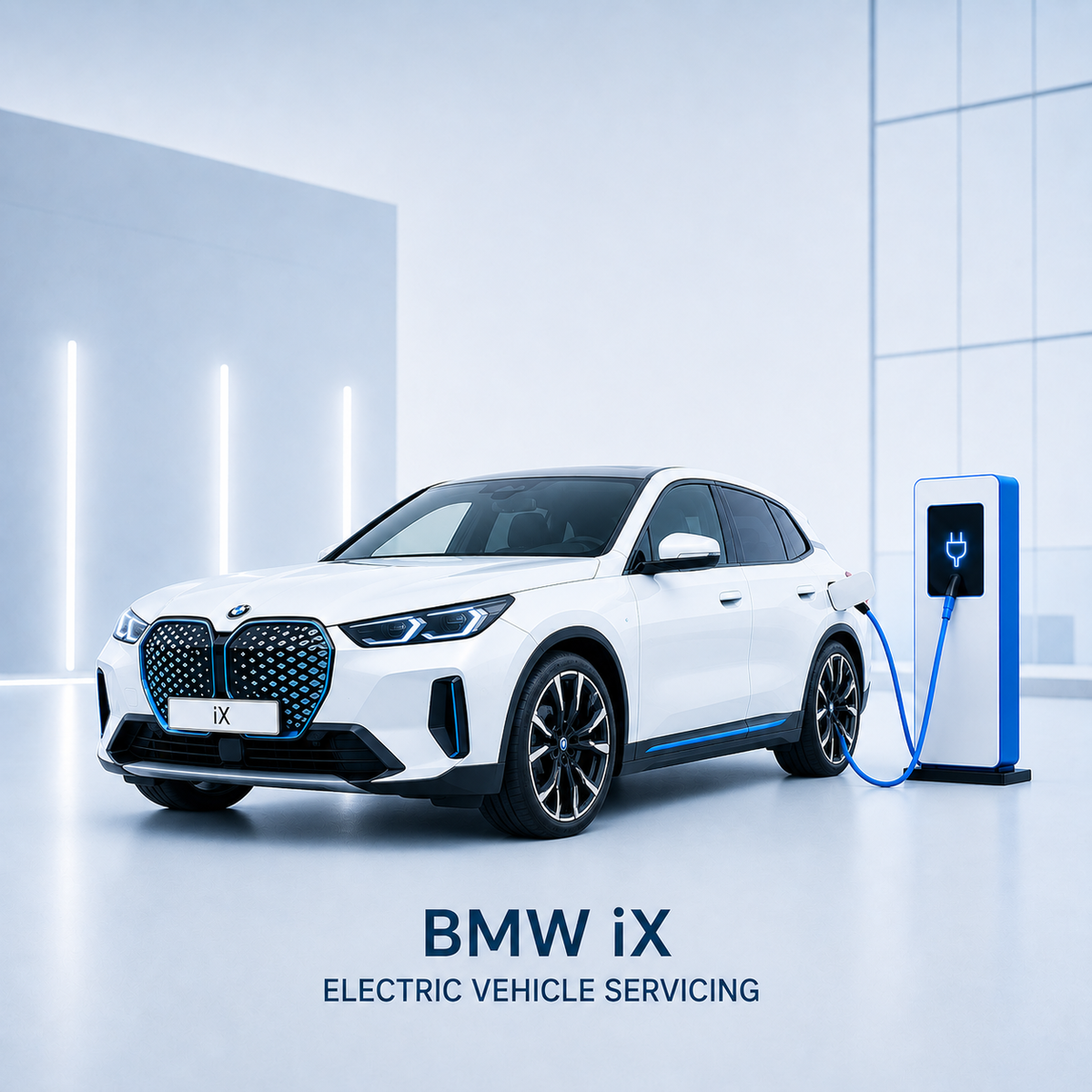White BMW iX (I20) connected to a high-voltage charger during servicing