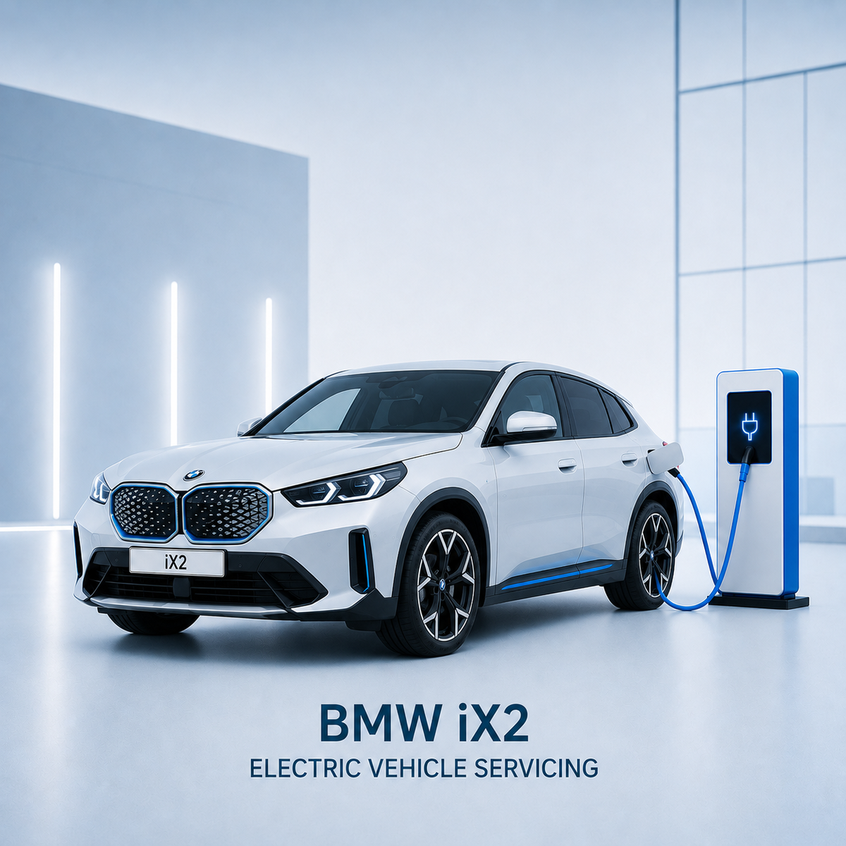 White BMW iX2 (U10) connected to a high-voltage charger during servicing.
