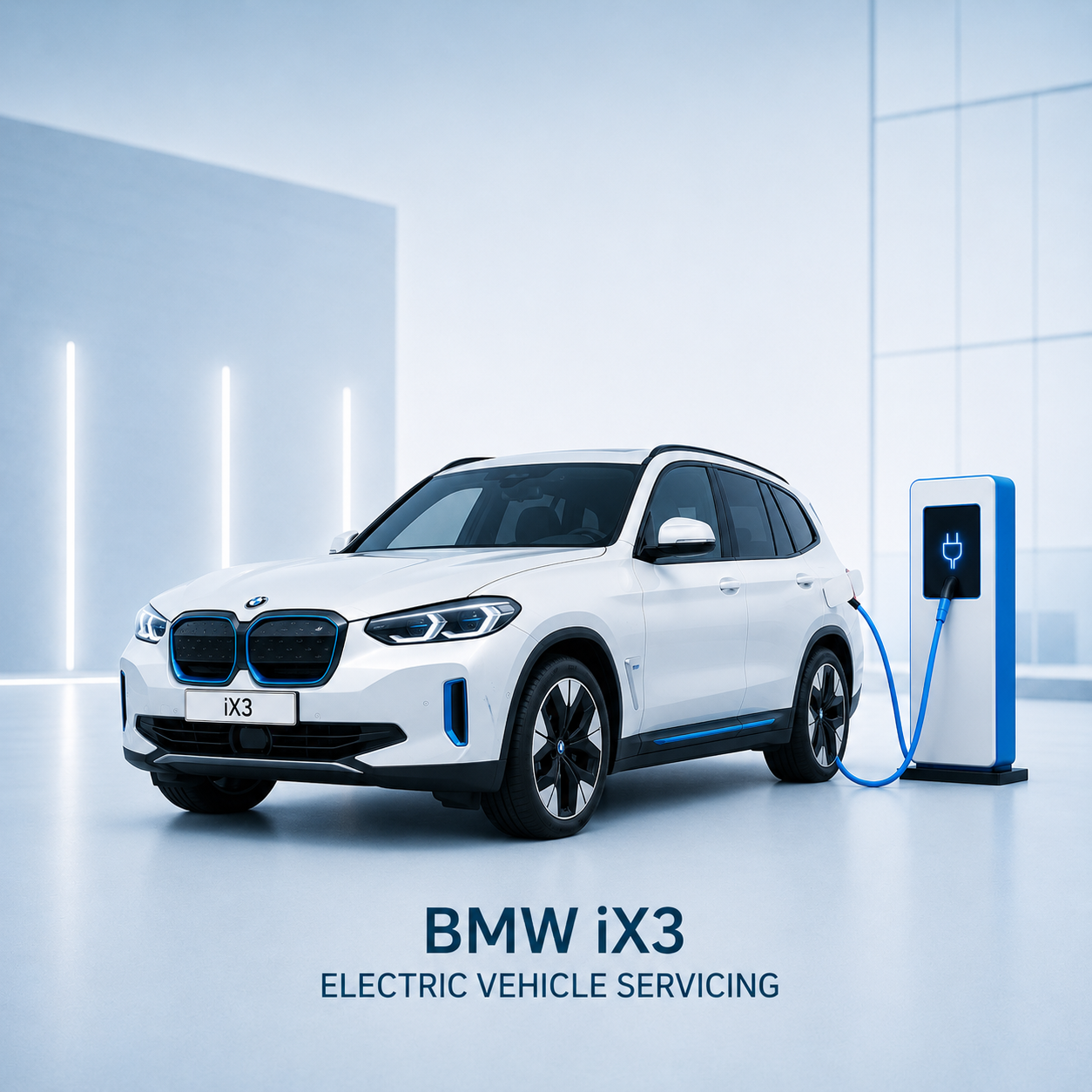 White BMW iX3 (g08) connected to a high-voltage charger during servicing.