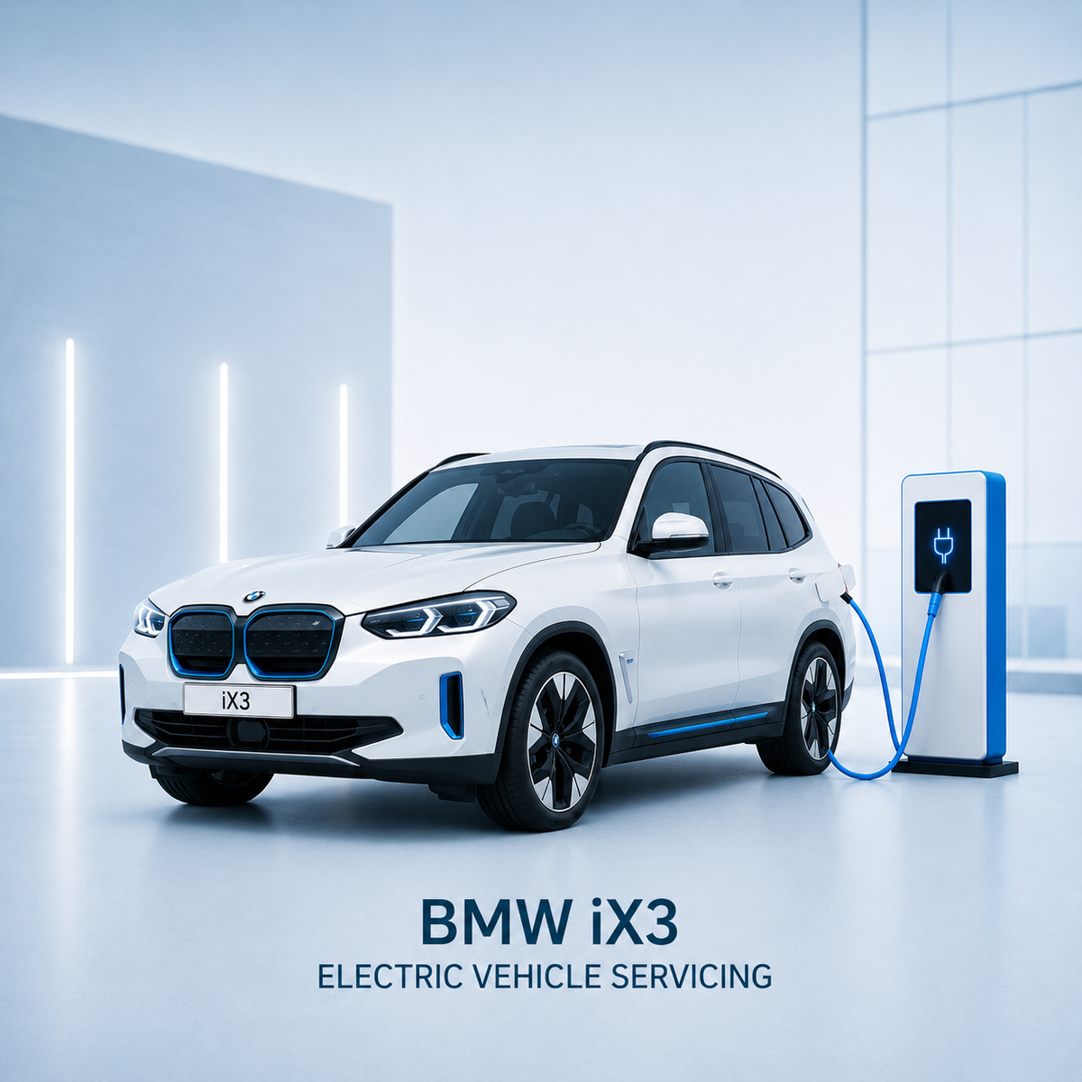 White BMW iX3 (g08) connected to a high-voltage charger during servicing.