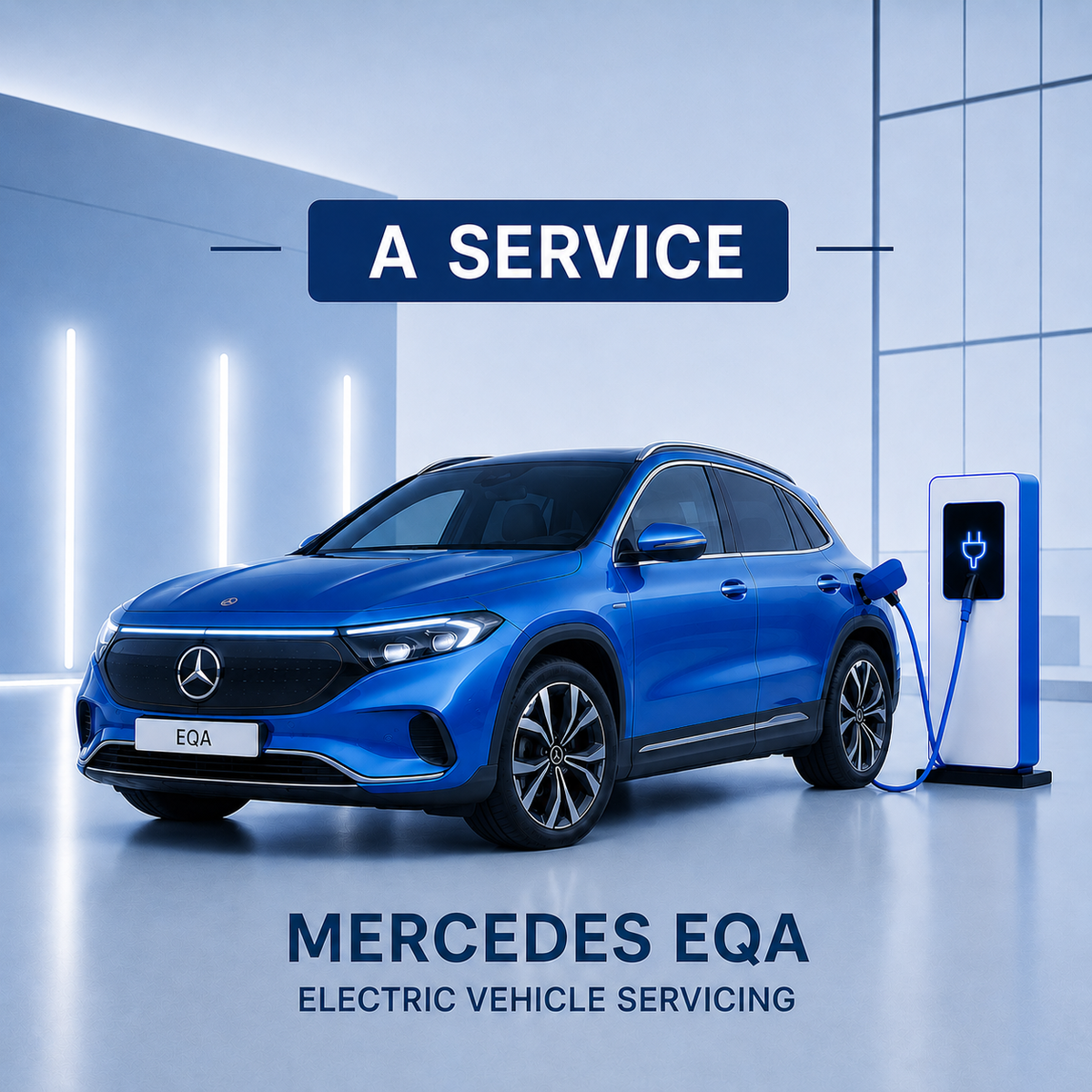 Blue Mercedes EQA electric vehicle being serviced at a charging station with 'A Service' text above.