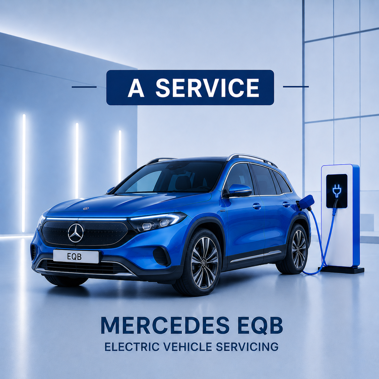 Blue Mercedes EQB electric vehicle being serviced at a charging station with 'A Service' text above.