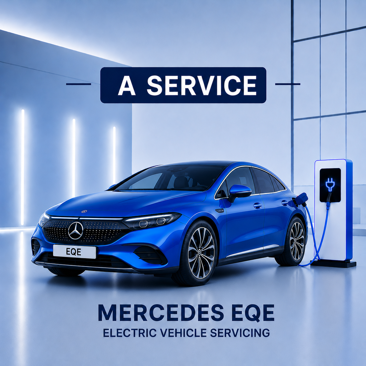 Blue Mercedes EQE saloon electric vehicle being serviced at a charging station with 'A Service' text above.