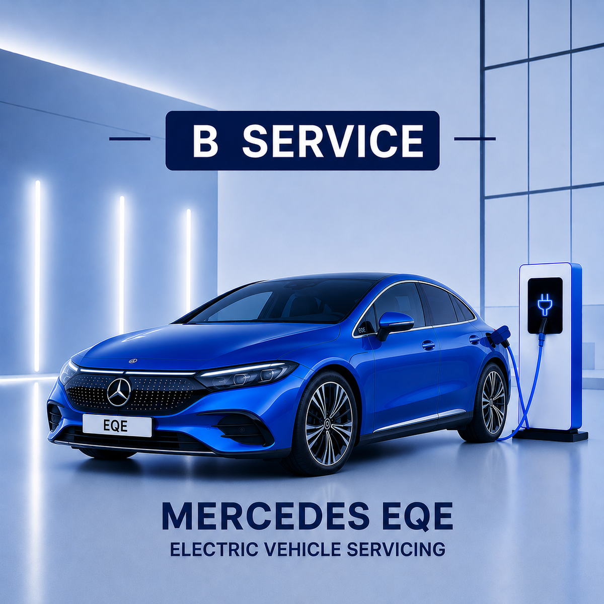 Blue Mercedes EQE saloon electric vehicle being serviced at a charging station with 'B Service' text above.