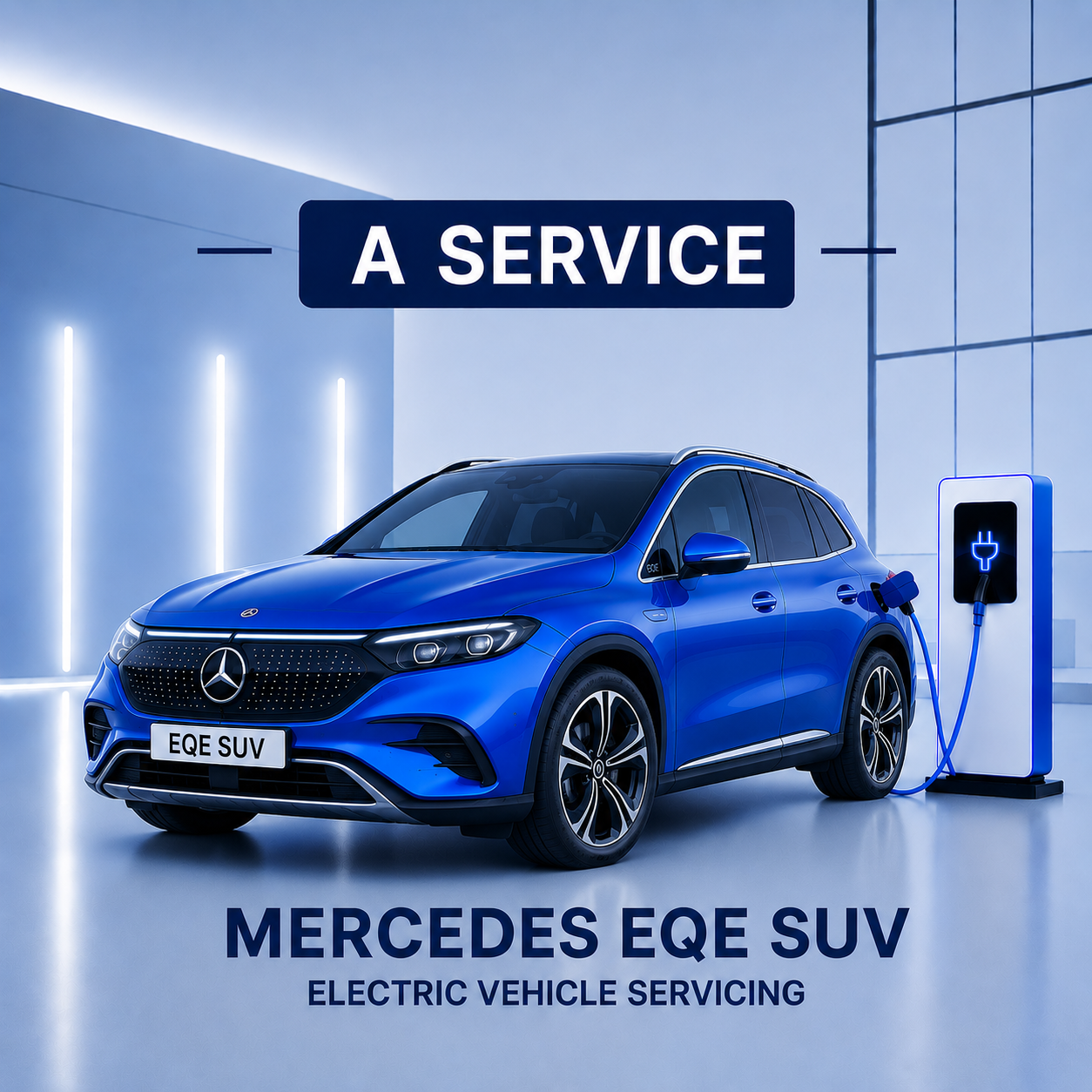Blue Mercedes EQE SUV electric vehicle being serviced at a charging station with 'A Service' text above.