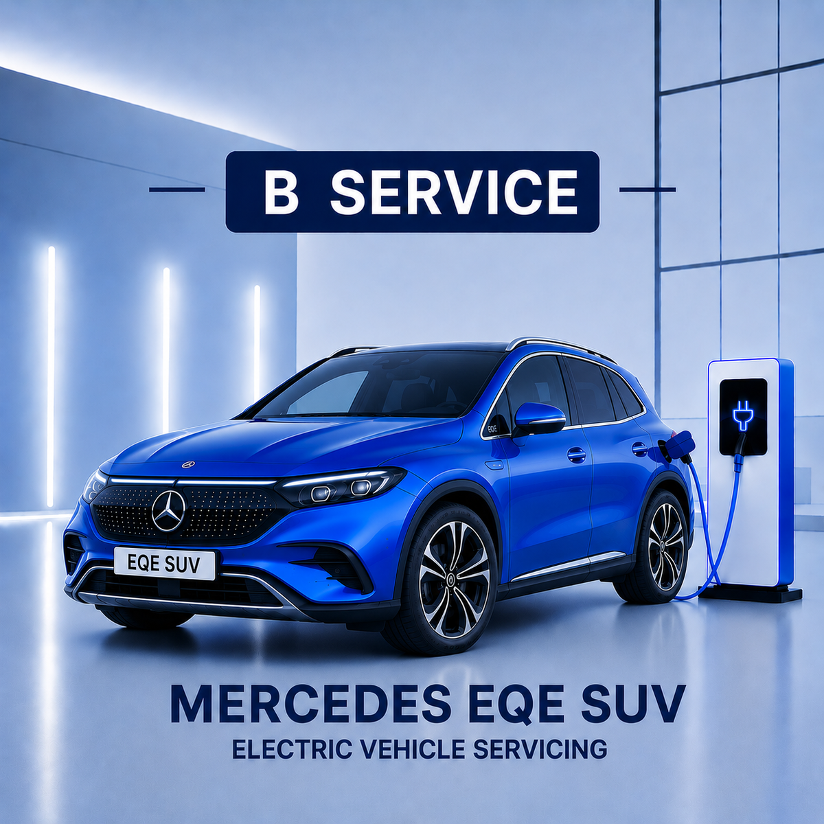 Blue Mercedes EQE SUV electric vehicle being serviced at a charging station with 'B Service' text above.