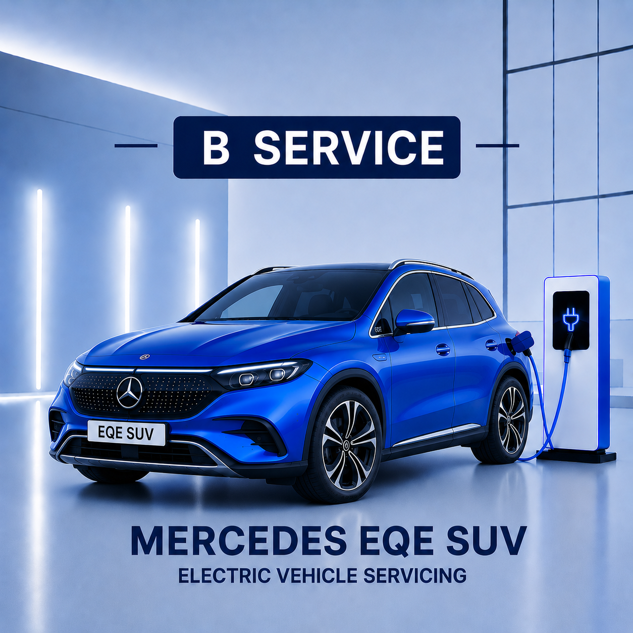 Blue Mercedes EQE SUV electric vehicle being serviced at a charging station with 'B Service' text above.