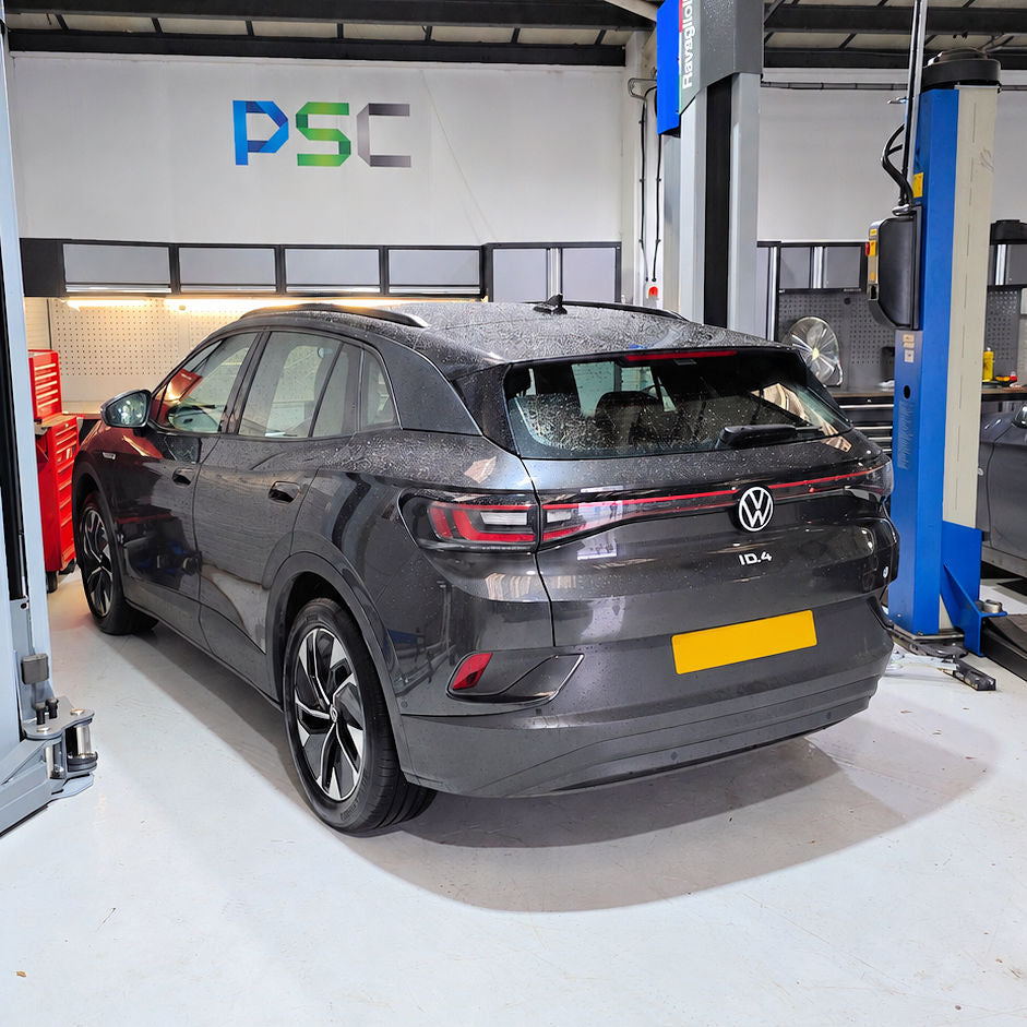 Volkswagen ID.4 electric SUV in the PSC Autocentres Cheltenham workshop ahead of its EV service