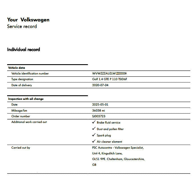Volkswagen digital service record for a Golf 1.4 GTE, showing service details including oil change, brake fluid service, spark plugs, dust and pollen filter, and air cleaner element, carried out by PSC Autocentre Volkswagen Specialist in Cheltenham, UK.